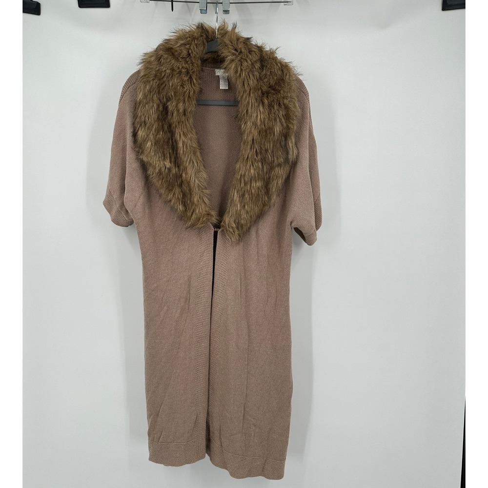 Chicos Womens Long Line Cardigan Size 2 US M Faux Fur Collar Boho Luxe Neutral